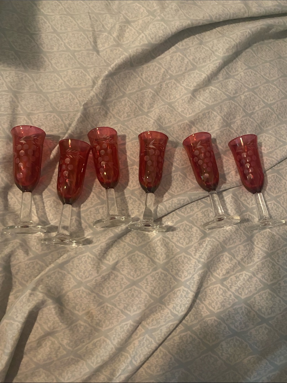 Set of 6 vintage Ruby flash Etched cordial glasses